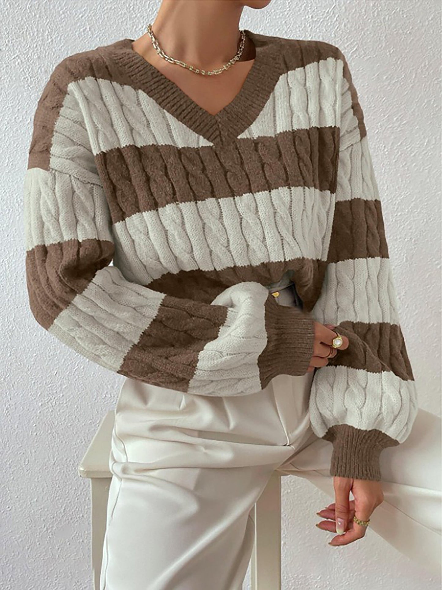 V Neck Striped Colorblock Cable Knit Sweater