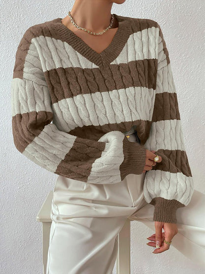 V Neck Striped Colorblock Cable Knit Sweater