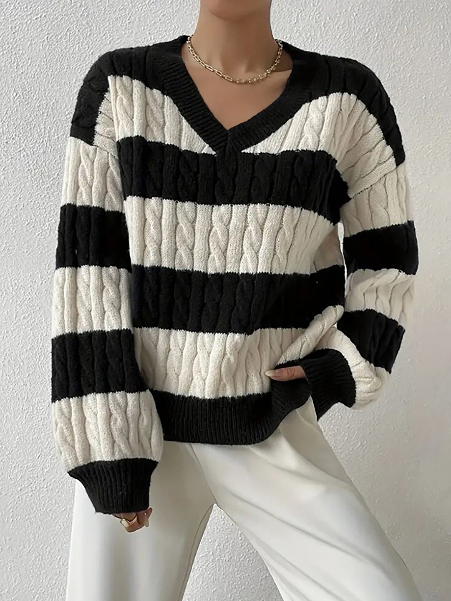 V Neck Striped Colorblock Cable Knit Sweater