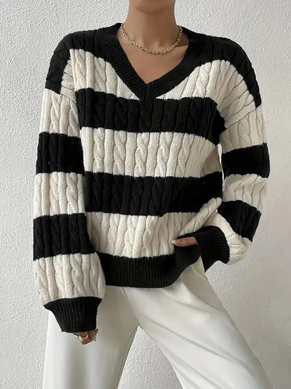 V Neck Striped Colorblock Cable Knit Sweater