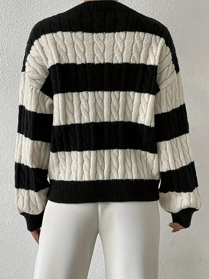 V Neck Striped Colorblock Cable Knit Sweater