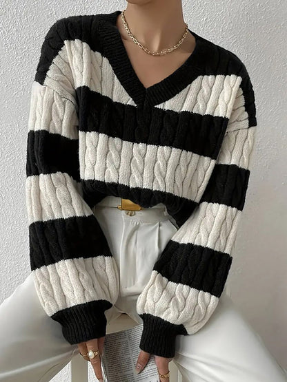 V Neck Striped Colorblock Cable Knit Sweater