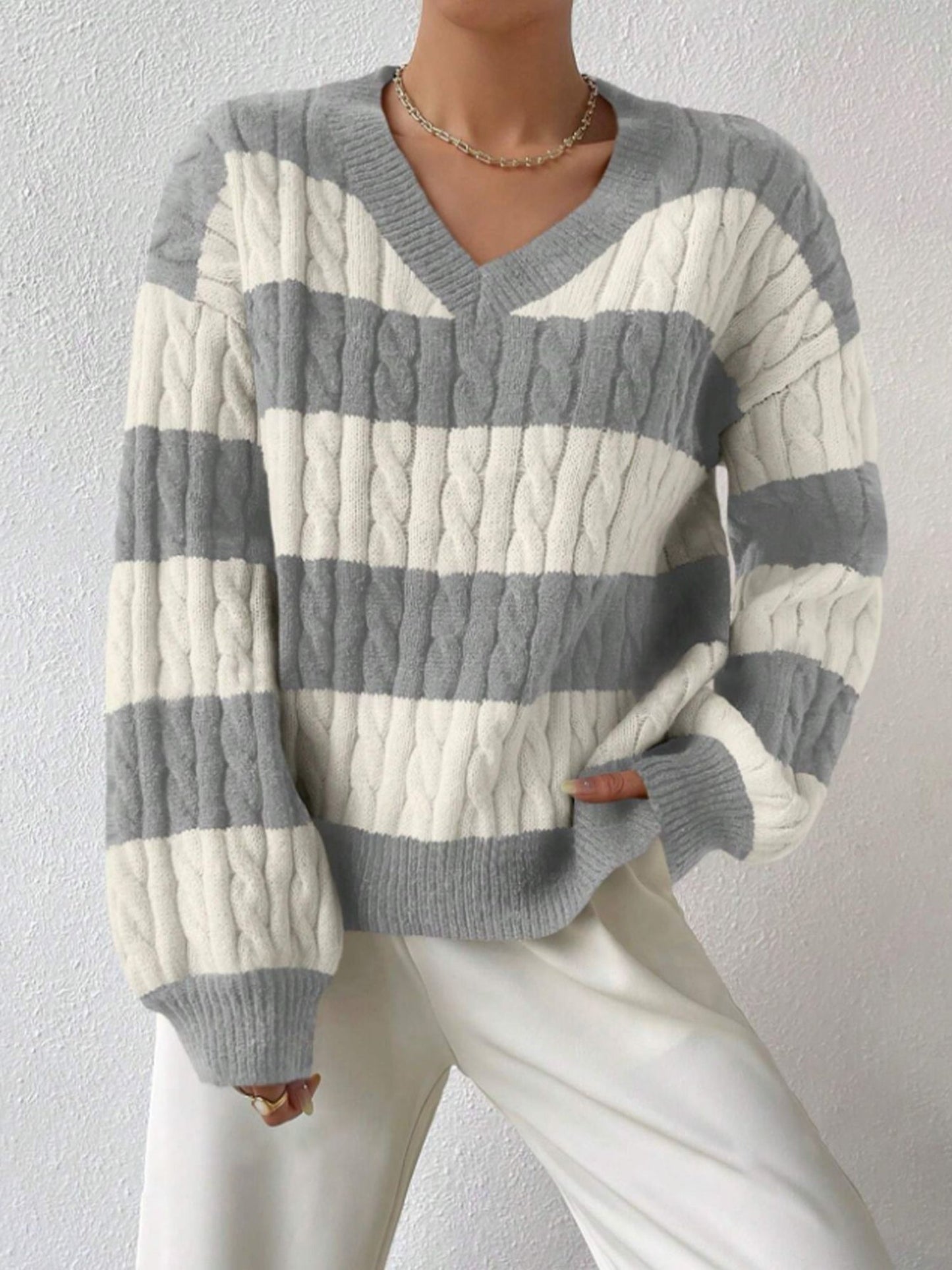V Neck Striped Colorblock Cable Knit Sweater