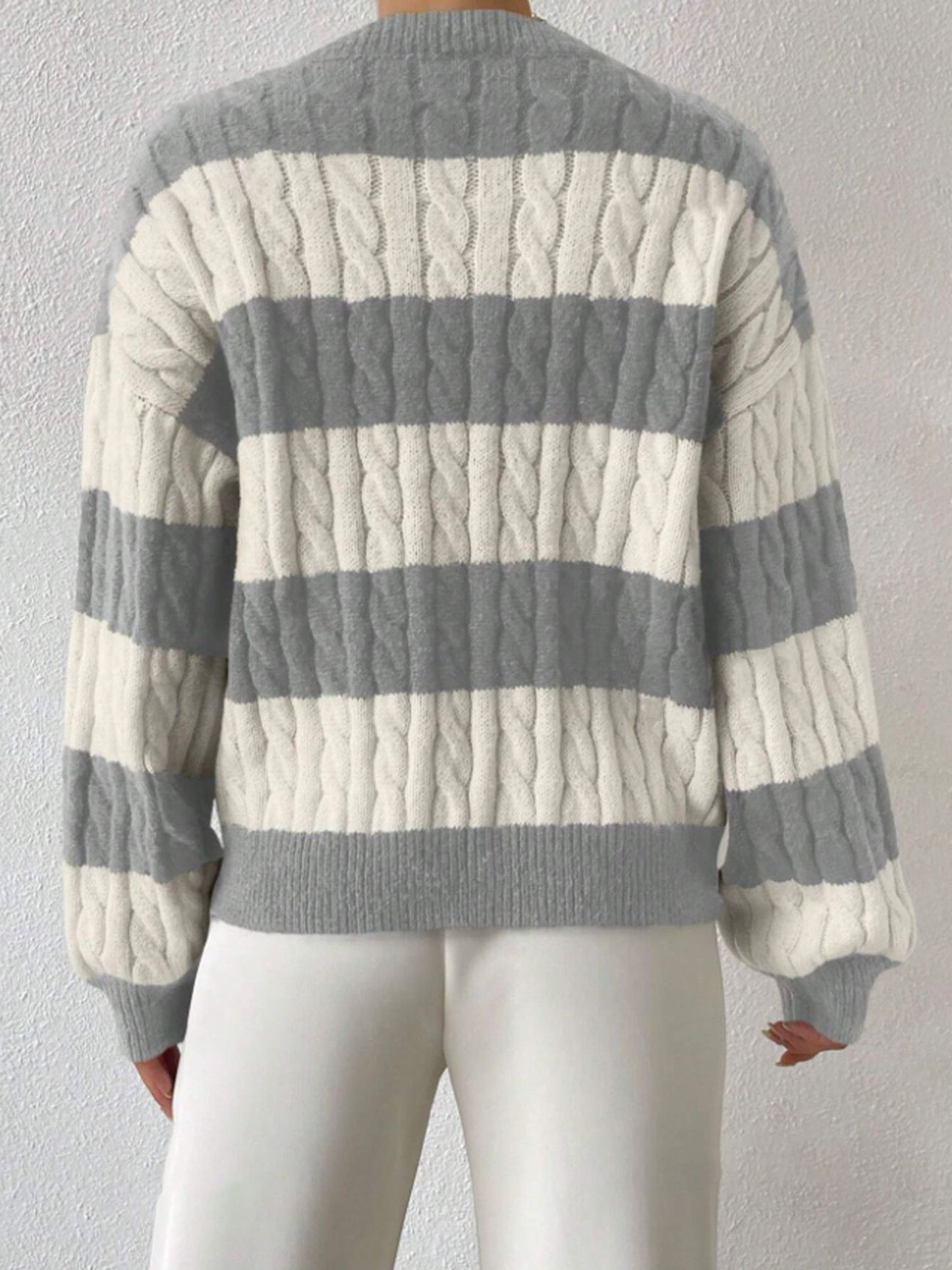 V Neck Striped Colorblock Cable Knit Sweater