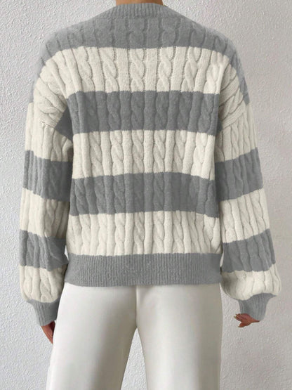 V Neck Striped Colorblock Cable Knit Sweater