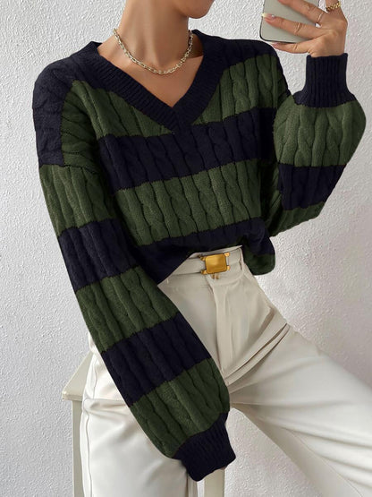 V Neck Striped Colorblock Cable Knit Sweater