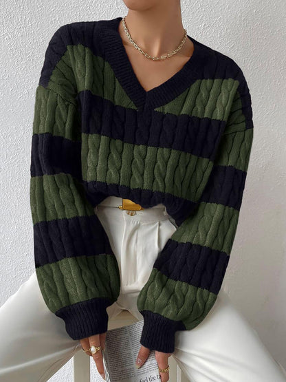 V Neck Striped Colorblock Cable Knit Sweater