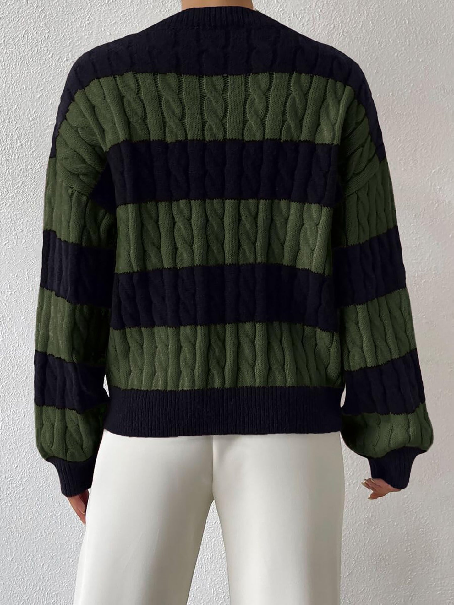 V Neck Striped Colorblock Cable Knit Sweater