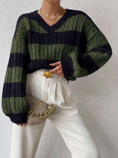 V Neck Striped Colorblock Cable Knit Sweater