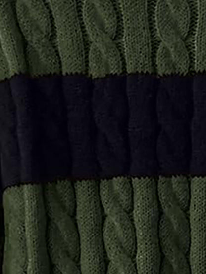 V Neck Striped Colorblock Cable Knit Sweater