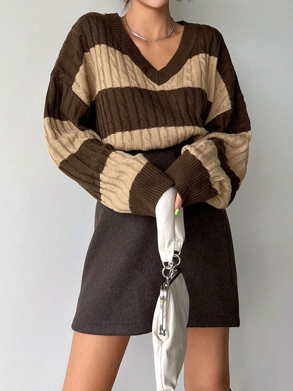 V Neck Striped Colorblock Cable Knit Sweater