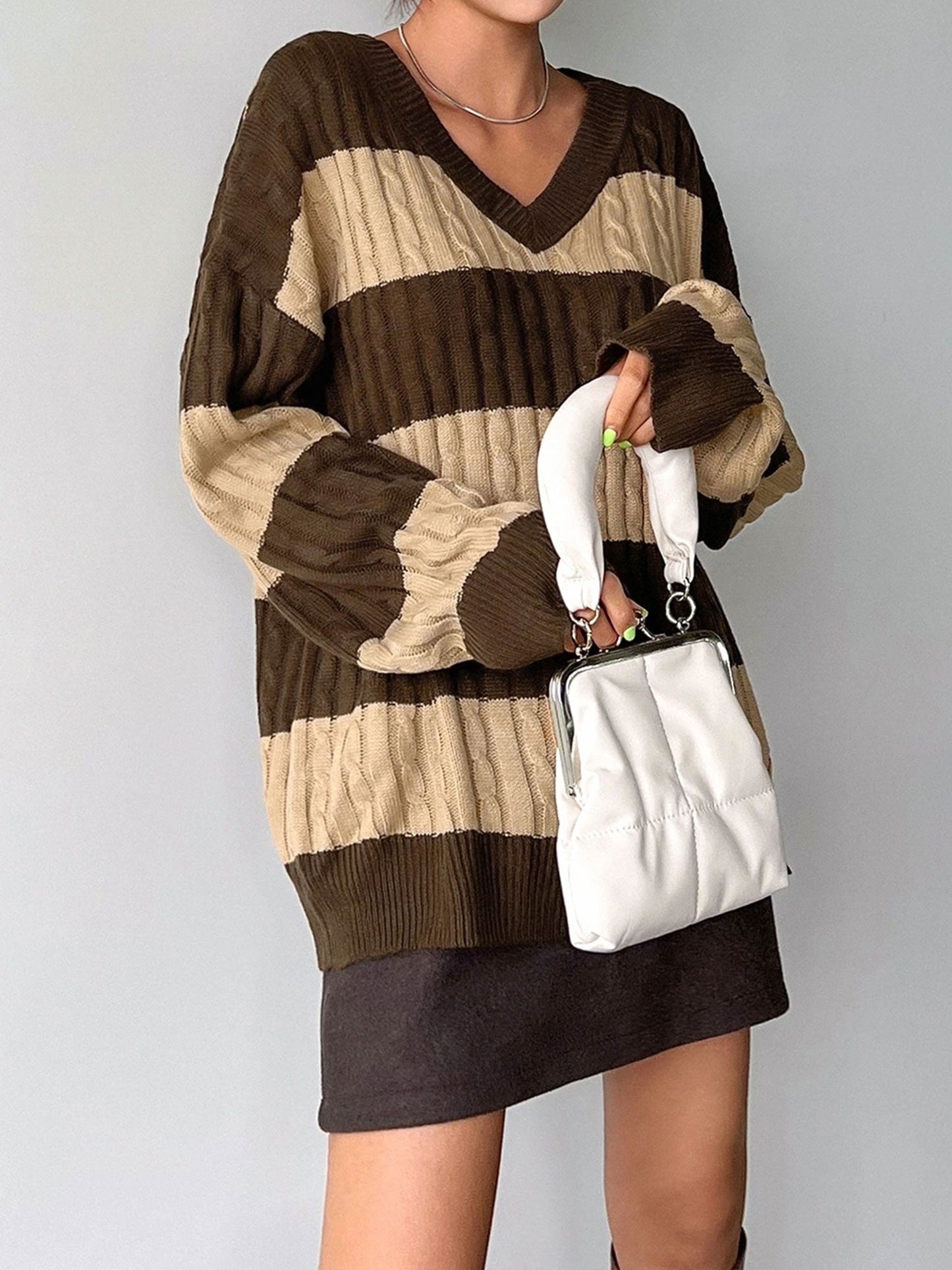 V Neck Striped Colorblock Cable Knit Sweater