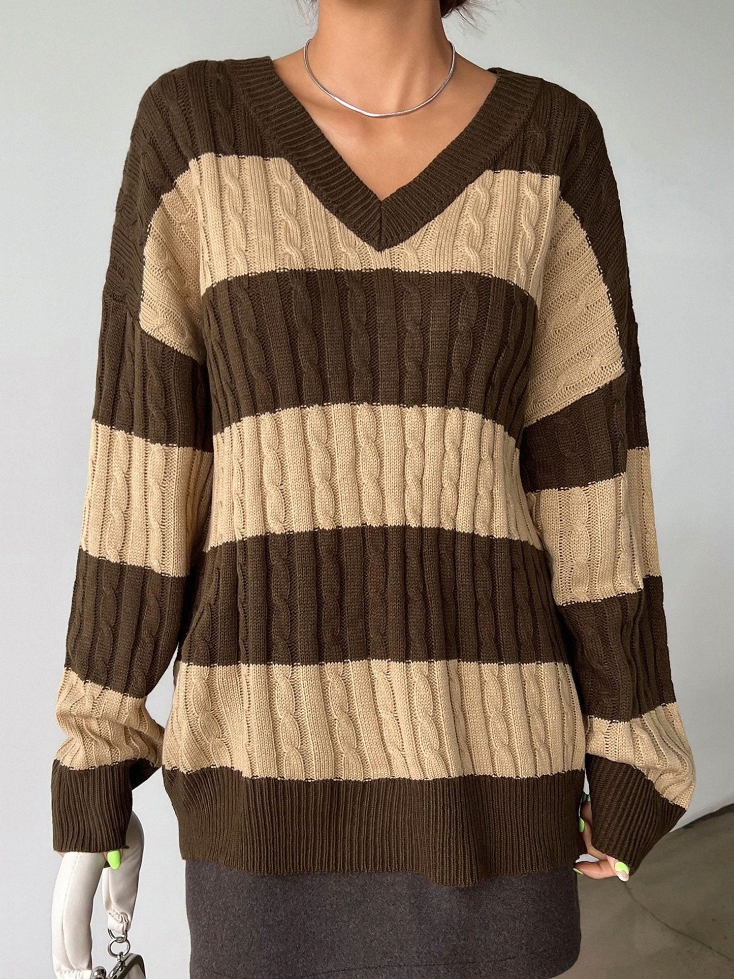 V Neck Striped Colorblock Cable Knit Sweater