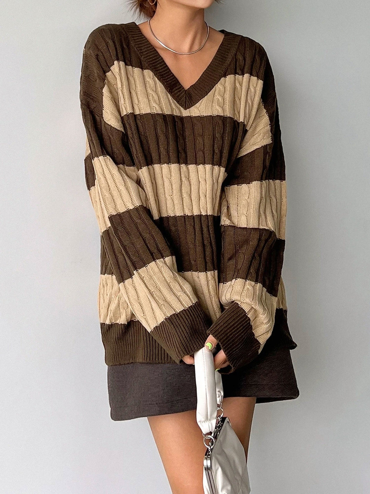 V Neck Striped Colorblock Cable Knit Sweater