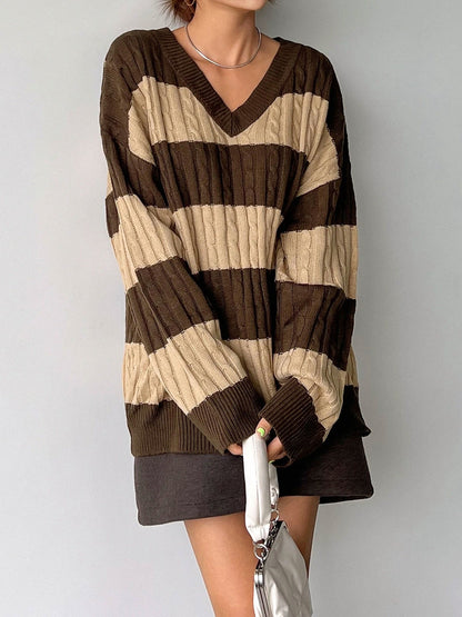 V Neck Striped Colorblock Cable Knit Sweater