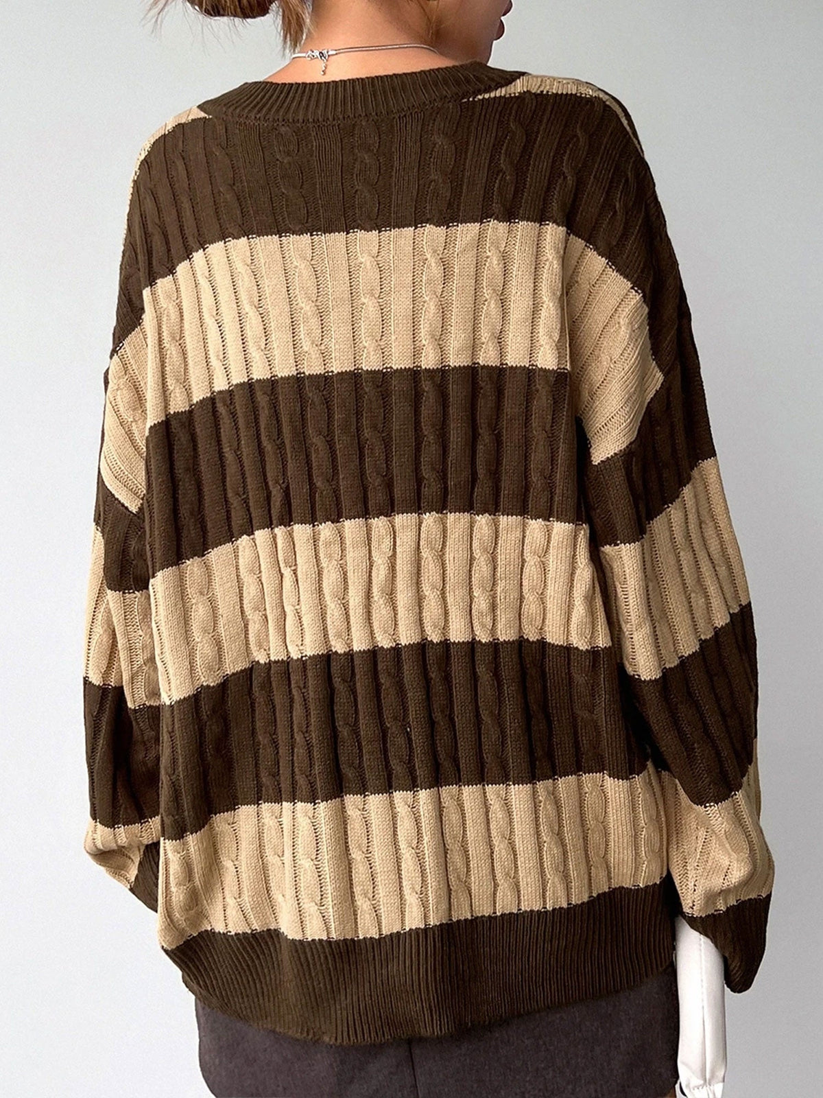 V Neck Striped Colorblock Cable Knit Sweater