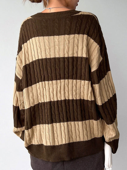 V Neck Striped Colorblock Cable Knit Sweater