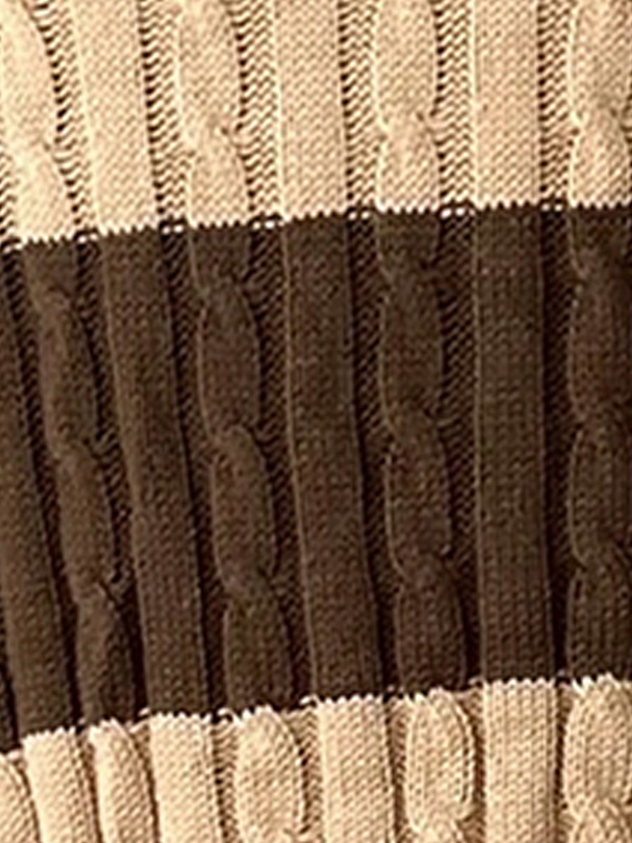 V Neck Striped Colorblock Cable Knit Sweater