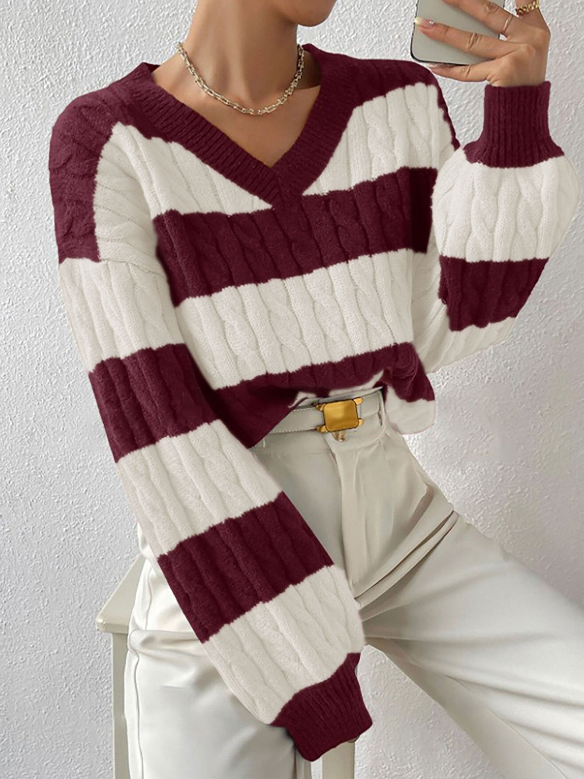 V Neck Striped Colorblock Cable Knit Sweater