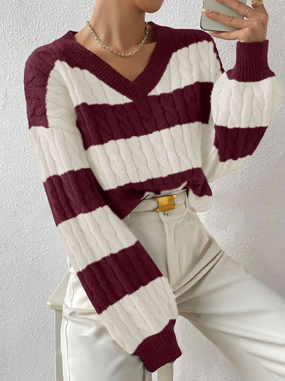 V Neck Striped Colorblock Cable Knit Sweater