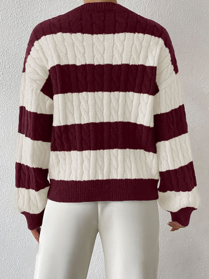 V Neck Striped Colorblock Cable Knit Sweater