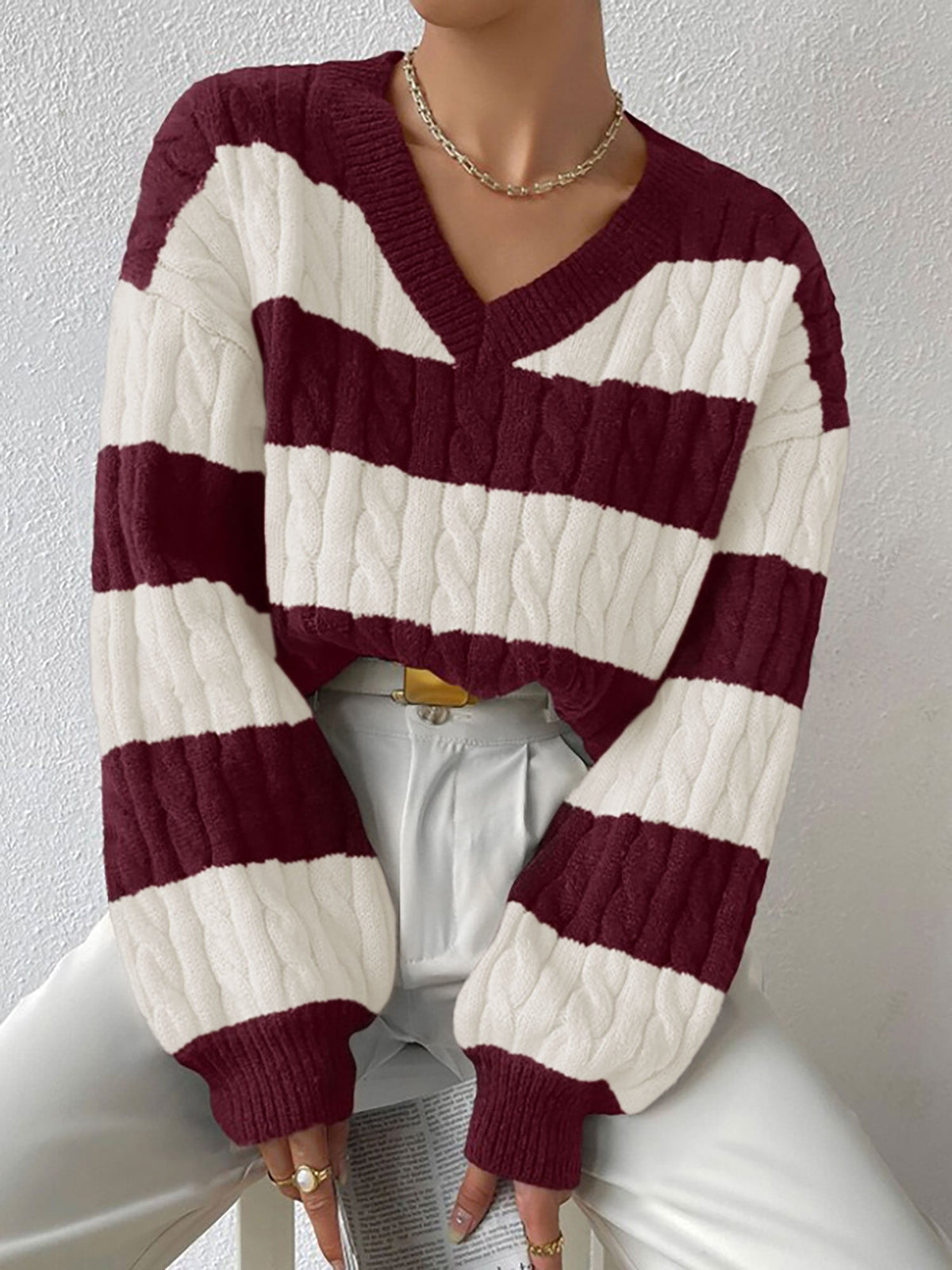 V Neck Striped Colorblock Cable Knit Sweater
