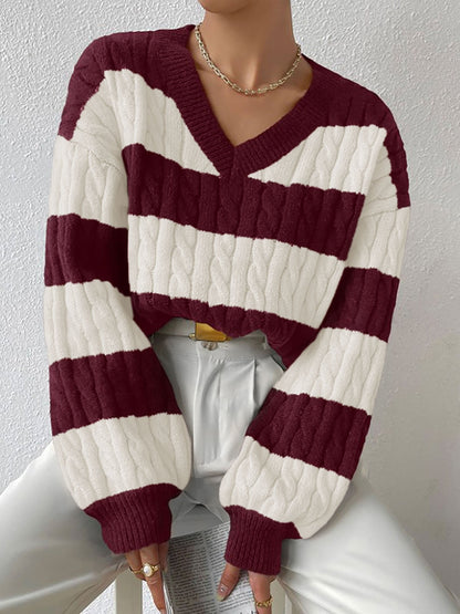 V Neck Striped Colorblock Cable Knit Sweater