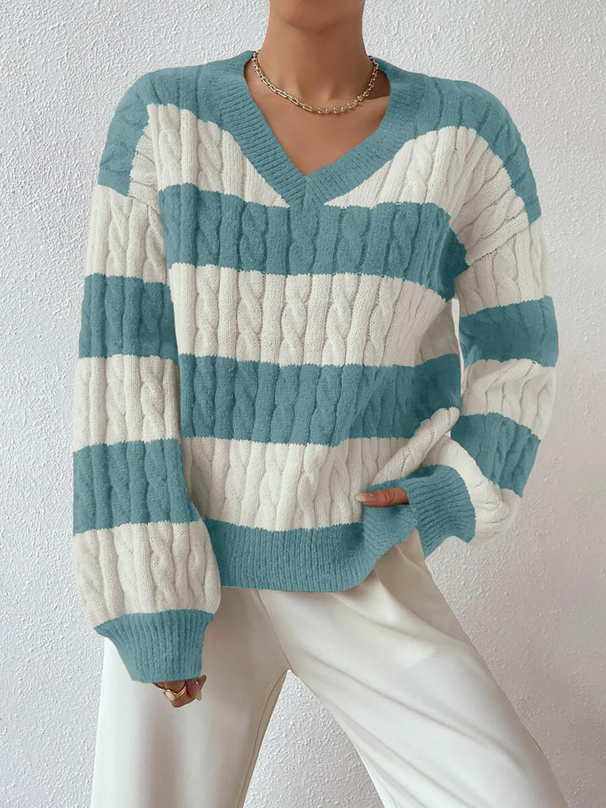 V Neck Striped Colorblock Cable Knit Sweater