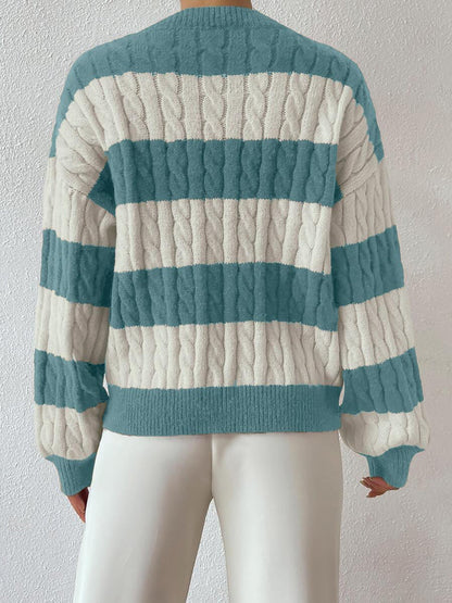 V Neck Striped Colorblock Cable Knit Sweater
