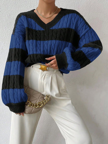 V Neck Striped Colorblock Cable Knit Sweater