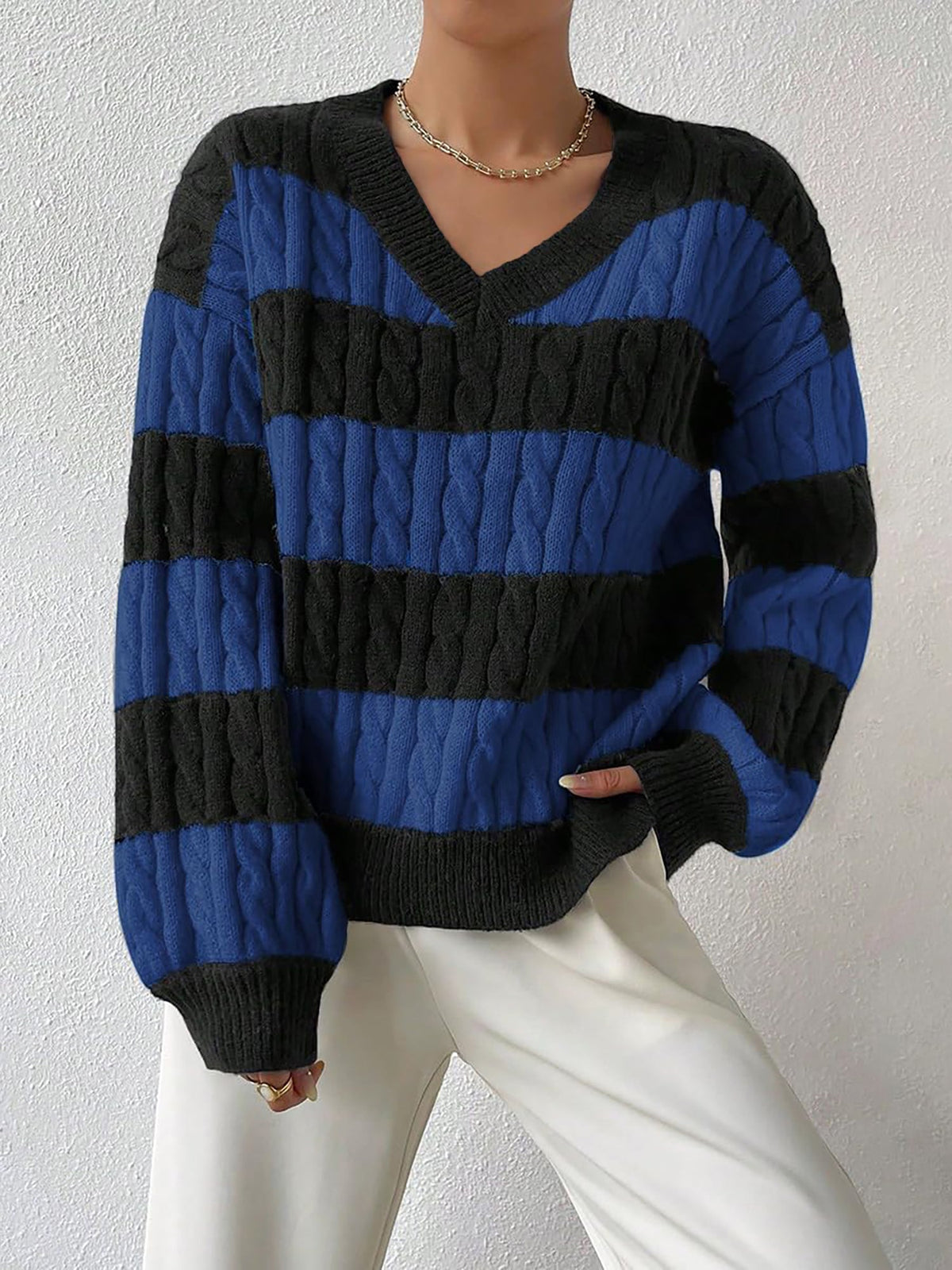 V Neck Striped Colorblock Cable Knit Sweater