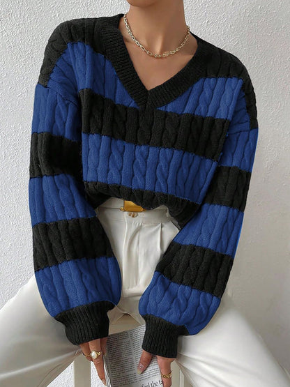 V Neck Striped Colorblock Cable Knit Sweater