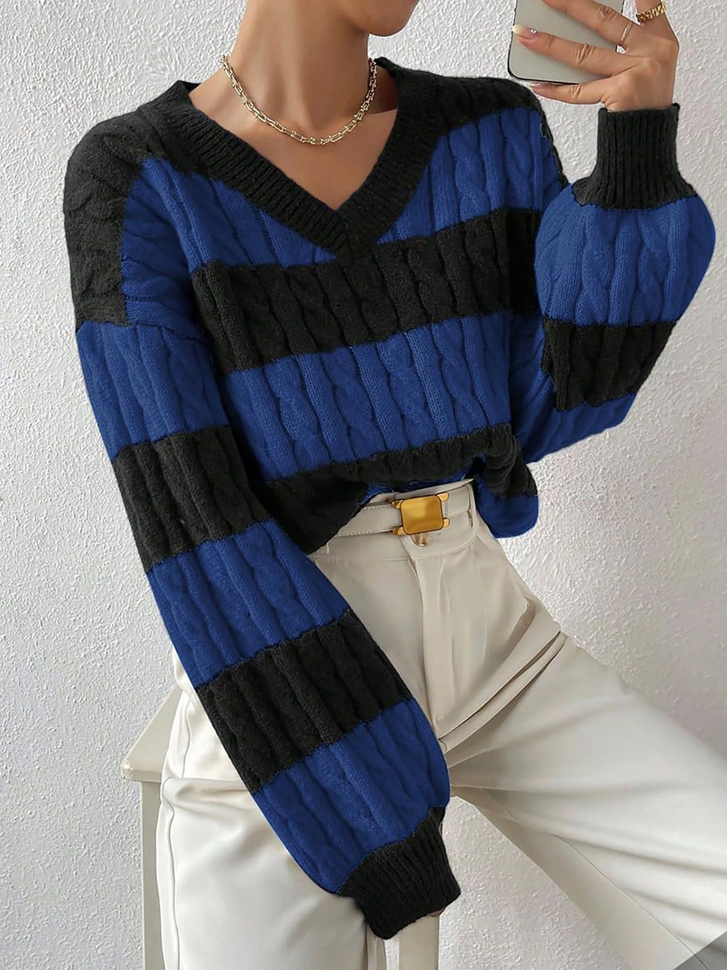 V Neck Striped Colorblock Cable Knit Sweater