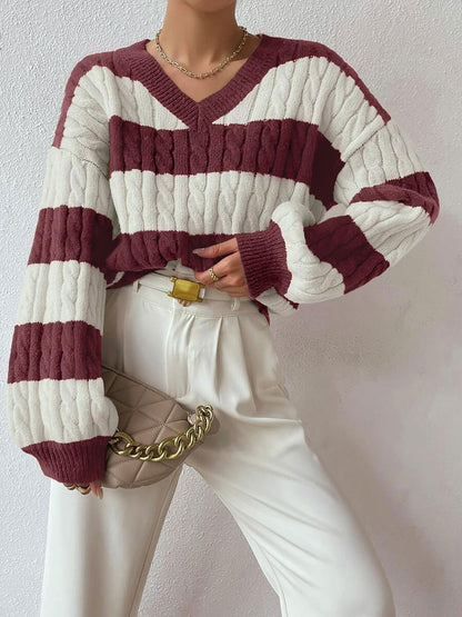 V Neck Striped Colorblock Cable Knit Sweater