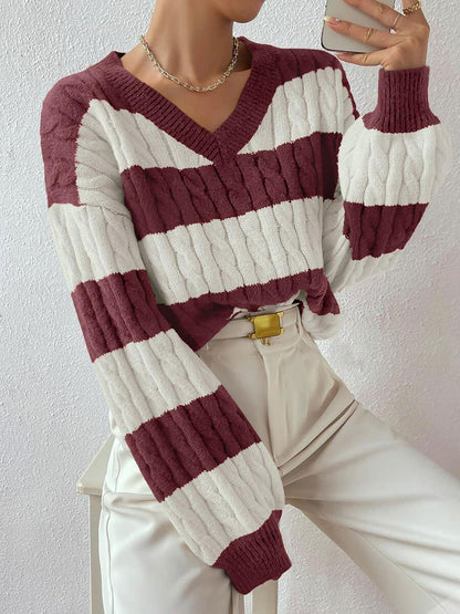 V Neck Striped Colorblock Cable Knit Sweater