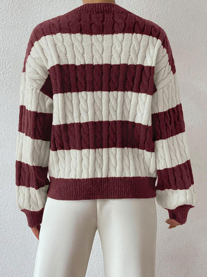 V Neck Striped Colorblock Cable Knit Sweater