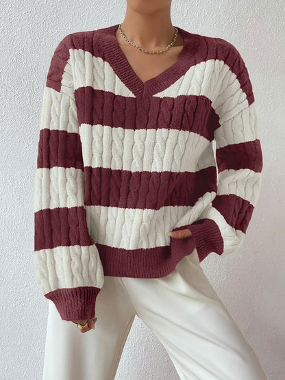 V Neck Striped Colorblock Cable Knit Sweater