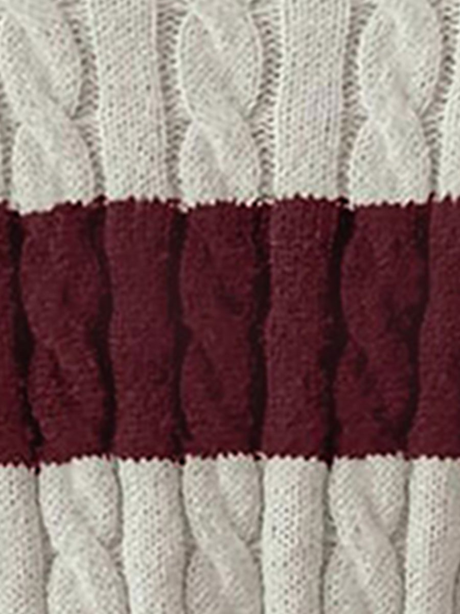 V Neck Striped Colorblock Cable Knit Sweater