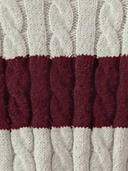 V Neck Striped Colorblock Cable Knit Sweater