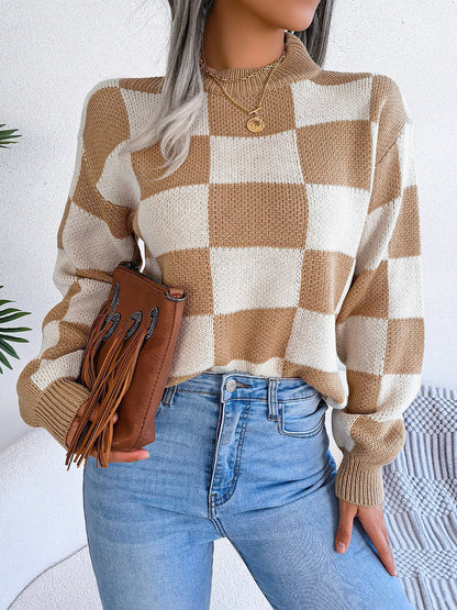 Colorblocked Checkered Long Sleeve Pullover Knit Sweater