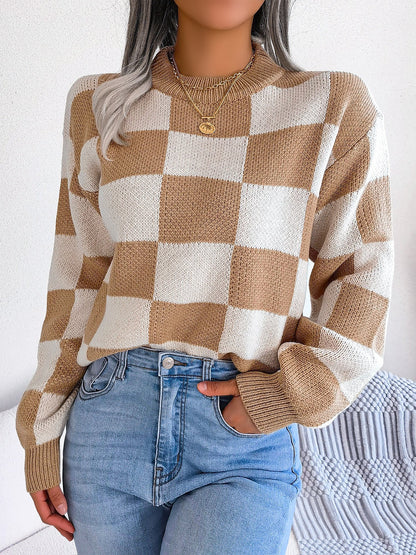 Colorblocked Checkered Long Sleeve Pullover Knit Sweater