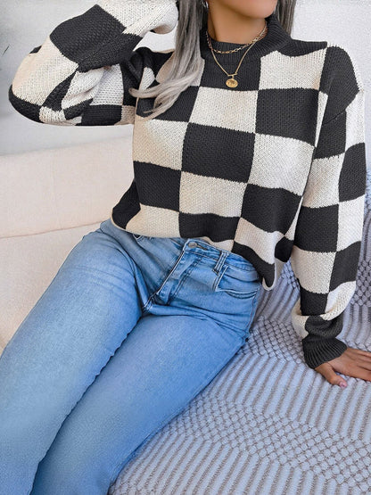 Colorblocked Checkered Long Sleeve Pullover Knit Sweater