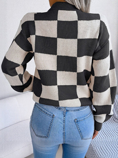 Colorblocked Checkered Long Sleeve Pullover Knit Sweater