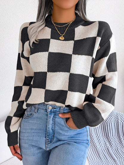 Colorblocked Checkered Long Sleeve Pullover Knit Sweater