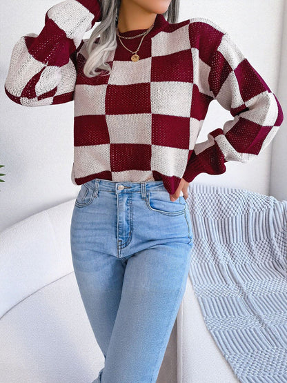 Colorblocked Checkered Long Sleeve Pullover Knit Sweater