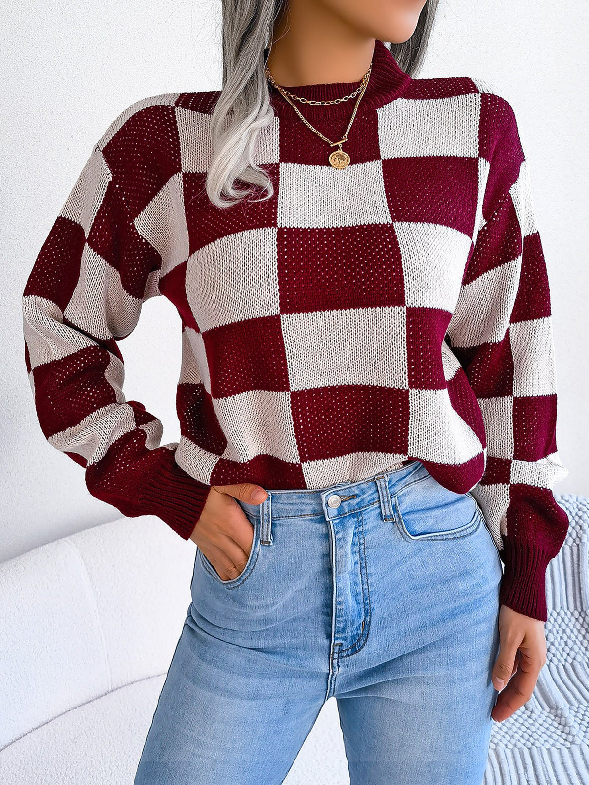 Colorblocked Checkered Long Sleeve Pullover Knit Sweater