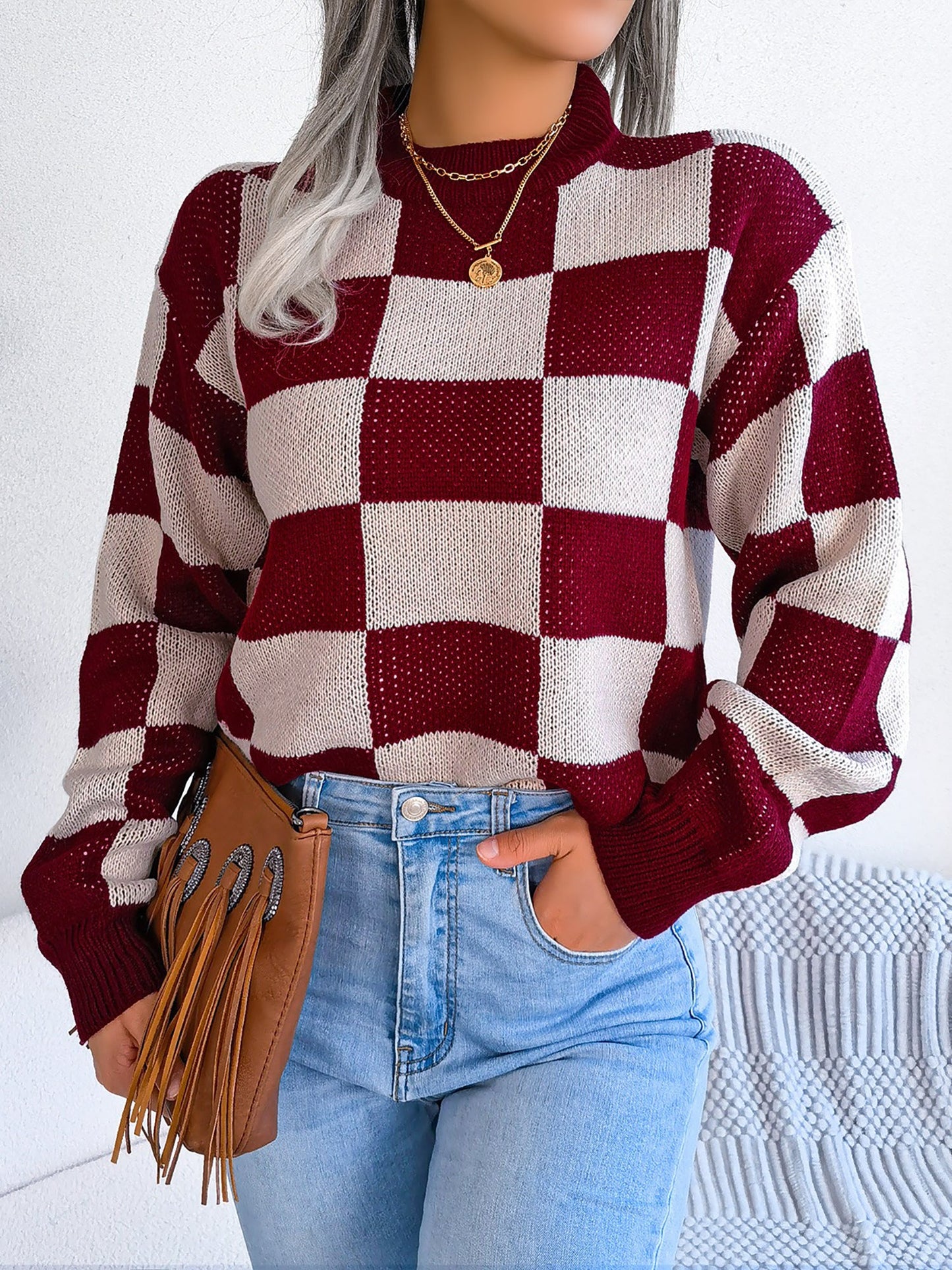 Colorblocked Checkered Long Sleeve Pullover Knit Sweater