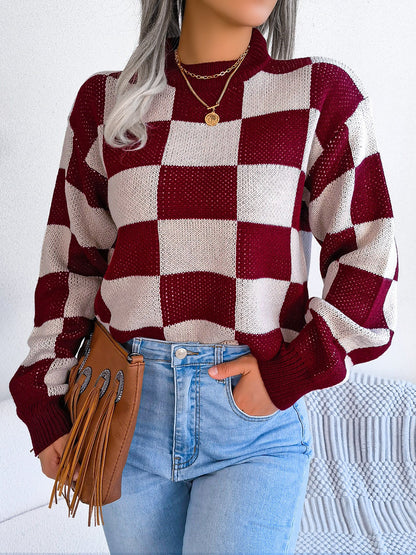 Colorblocked Checkered Long Sleeve Pullover Knit Sweater