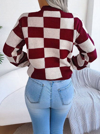 Colorblocked Checkered Long Sleeve Pullover Knit Sweater
