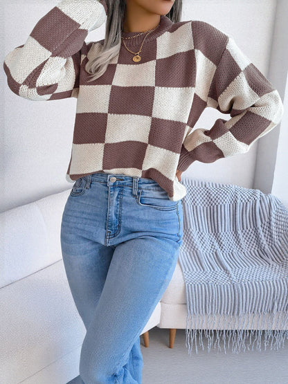 Colorblocked Checkered Long Sleeve Pullover Knit Sweater